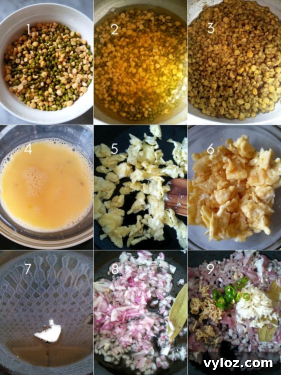 Effortless Bengali Egg Tadka 3 Cooking the dals, scrambling egg, sauteing aromatics for egg tadka.