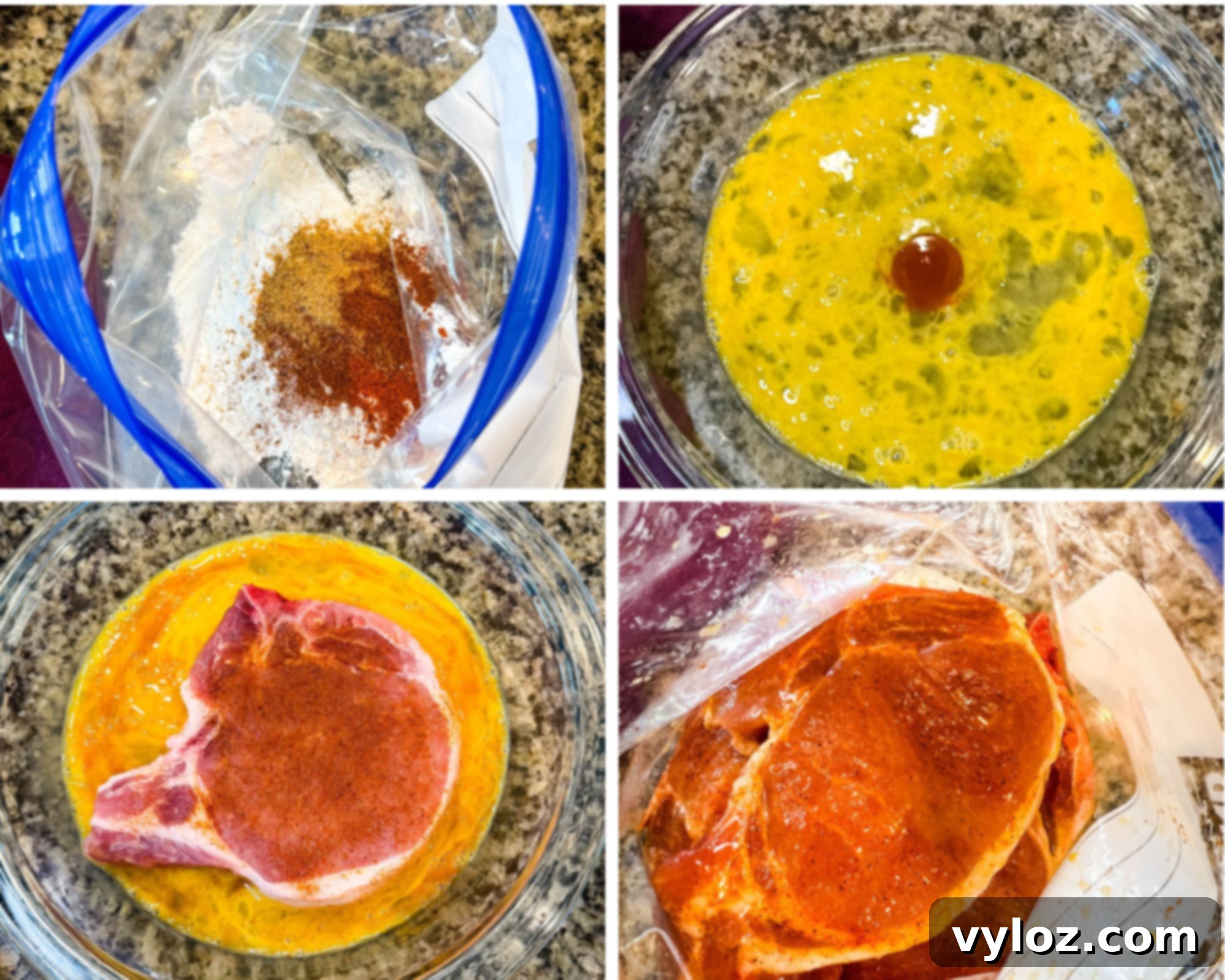 A plastic bag filled with flour and seasonings for breading Southern fried pork chops.