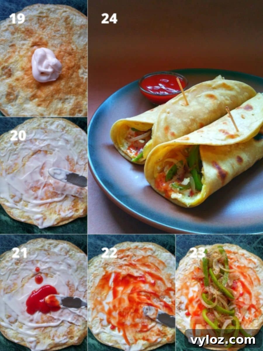 Assembling Egg Kathi Roll step by step with sauces and filling