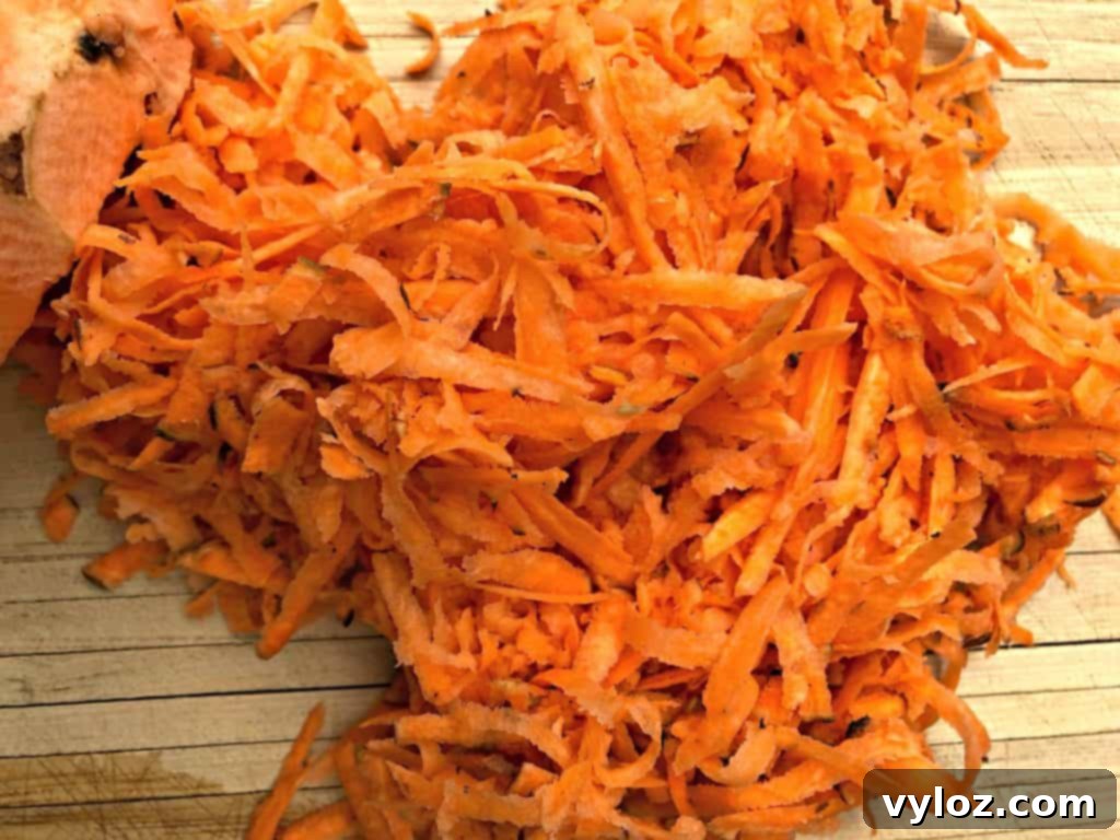 Freshly grated raw sweet potatoes in a bowl, ready for soaking