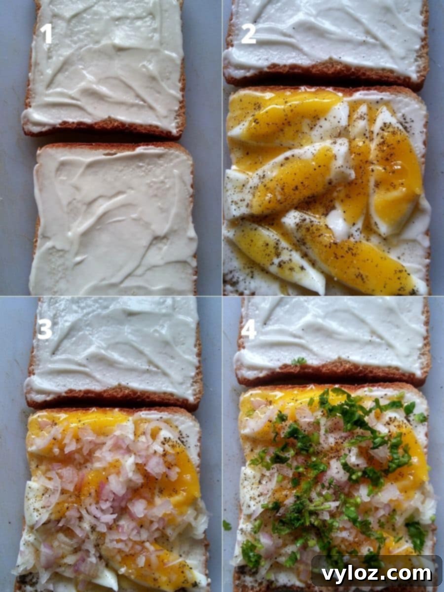 Quick Sliced Boiled Egg Sandwich 3 Assembling a Boiled Egg Sandwich, showing layers of egg, onion, and herbs