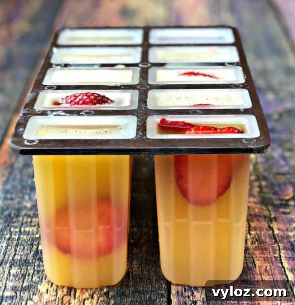 Adult Margarita Pops 6 Sliced strawberries and margarita mixture in a popsicle mold before freezing