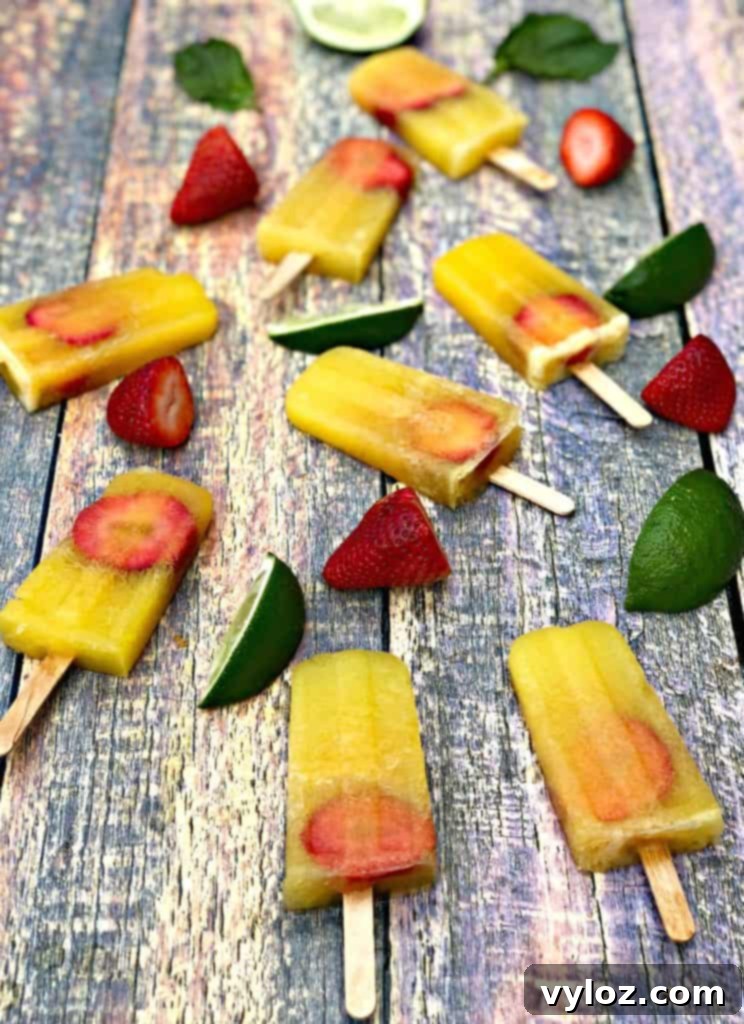 Adult Margarita Pops 7 Margarita popsicles arranged on a serving tray with fresh limes and strawberries