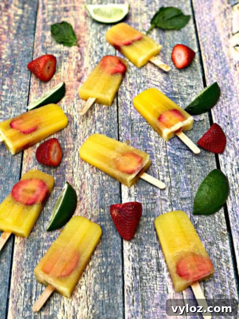 Adult Margarita Pops 8 A tray of margarita popsicles with limes and strawberries in the background