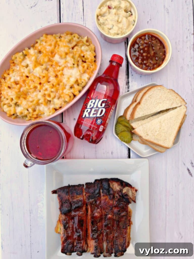 a vibrant spread of baked mac and cheese, Big Red soda, and other delicious BBQ side dishes
