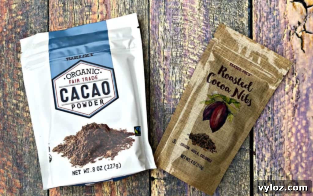 Cacao powder and cacao nibs in bowls, highlighting key ingredients
