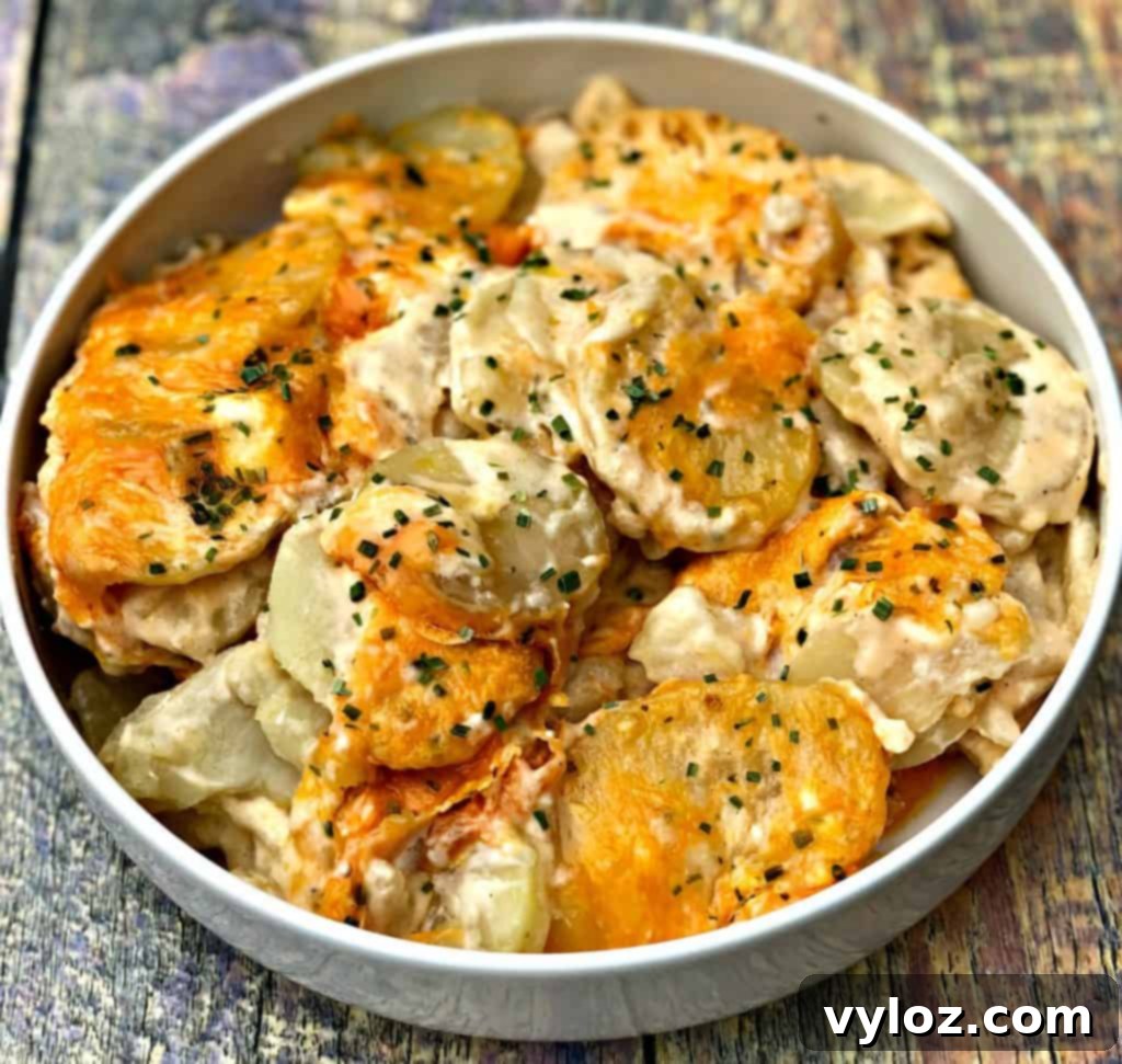 Creamy Cheddar Scalloped Potatoes in Instant Pot 2 instant pot scalloped potatoes in a white bowl