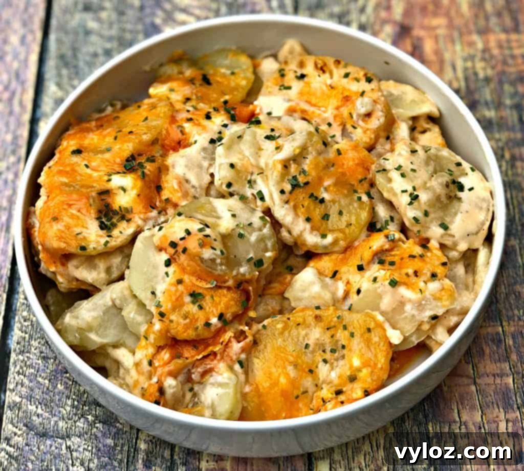 Creamy Cheddar Scalloped Potatoes in Instant Pot 4 instant pot scalloped potatoes in a white bowl