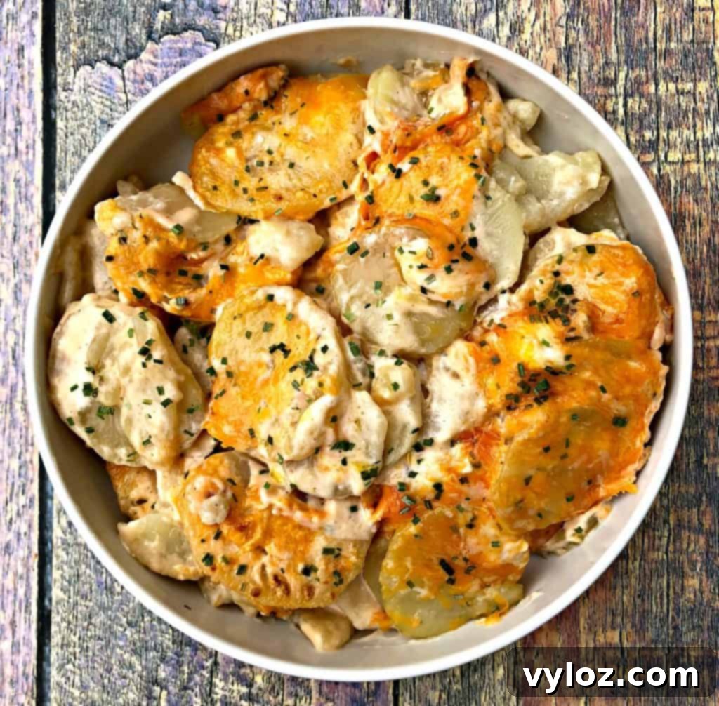 Creamy Cheddar Scalloped Potatoes in Instant Pot 6 instant pot scalloped potatoes in a white bowl