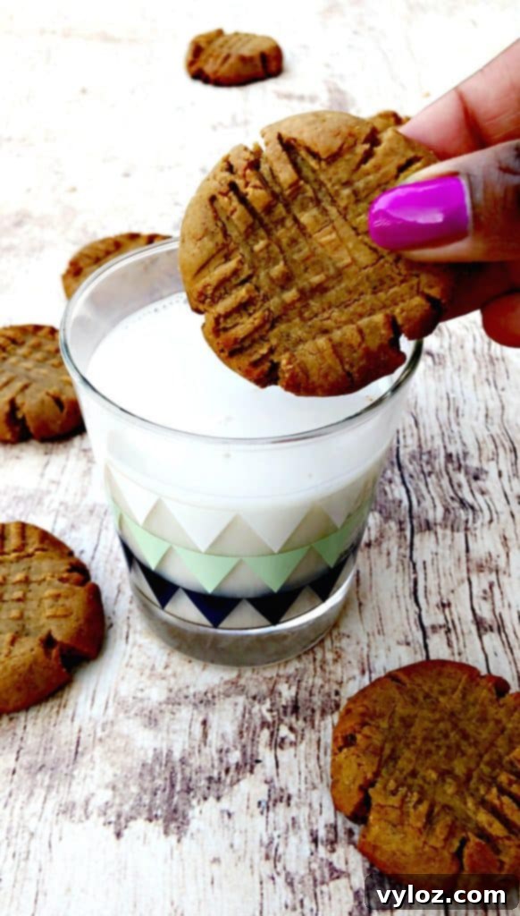 Simple Keto Peanut Butter Cookies 10 keto peanut butter cookies on a flat surface being dipped in a cup of milk