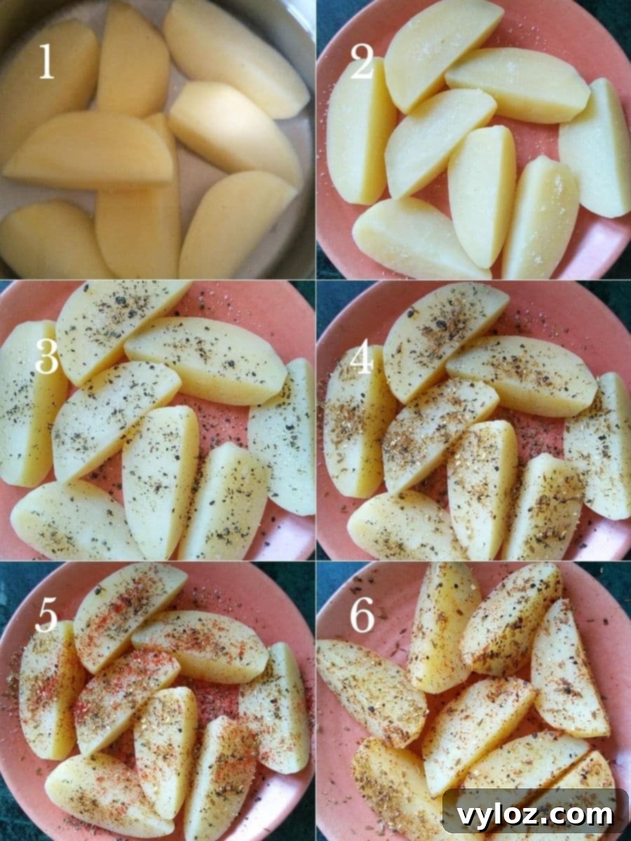 Preparation steps for Indian spiced grilled potato wedges