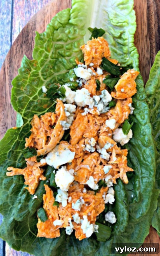 Spicy Cheesy Instant Pot Keto Buffalo Chicken Lettuce Wraps 4 A vibrant display of buffalo chicken lettuce wraps, topped with blue cheese and green onions, ready to be served.