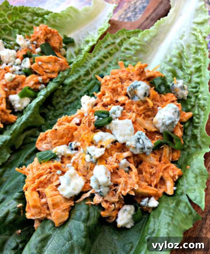 Spicy Cheesy Instant Pot Keto Buffalo Chicken Lettuce Wraps 7 A spread of buffalo chicken lettuce wraps, illustrating various angles and the appealing texture of the filling.