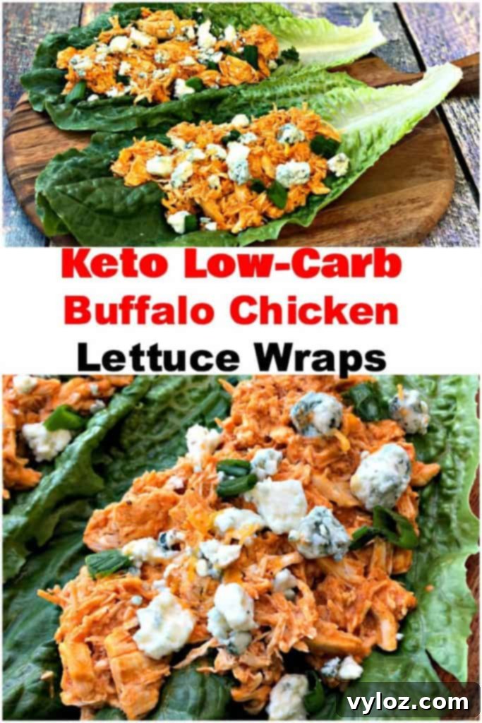 Spicy Cheesy Instant Pot Keto Buffalo Chicken Lettuce Wraps 8 A collage of various buffalo chicken lettuce wrap images, showcasing different angles and presentations.