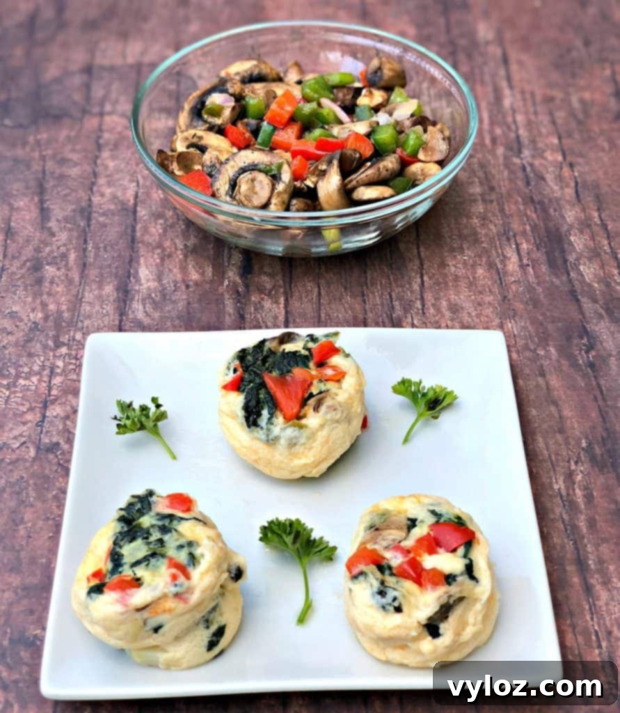 Keto Veggie Egg White Bites 5 A plate of perfectly cooked Keto Low-Carb Egg White Omelet Vegetable Bites, garnished with fresh herbs, showcasing a delicious and healthy breakfast.