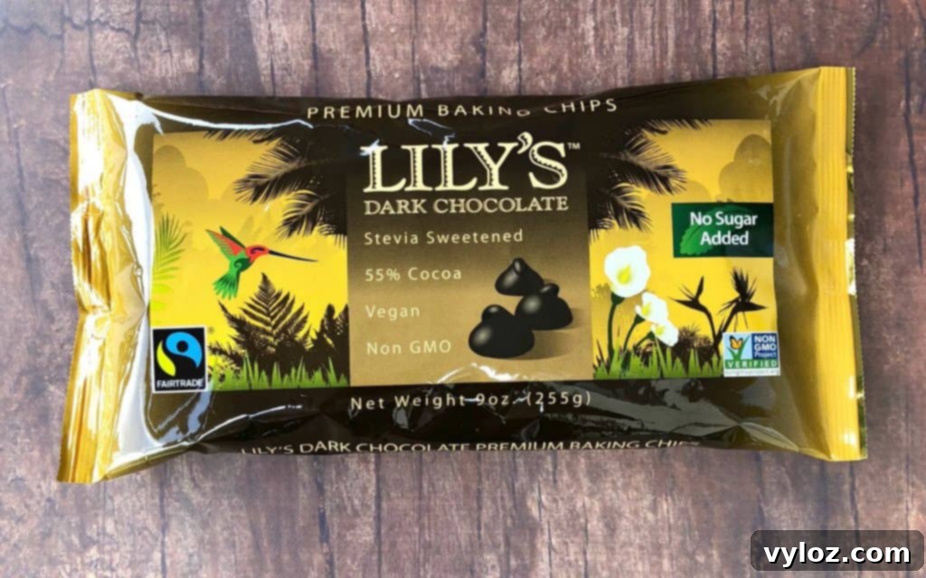 bag of Lily's chocolate sweetened with stevia on a flat brown surface