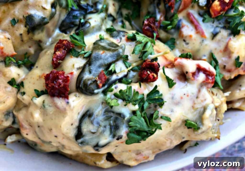 Vibrant Instant Pot Mediterranean Greek Shredded Chicken Brown Rice Bowls 8 close up photo of Instant Pot Low-Carb Creamy Garlic Tuscan Chicken Thighs in creamy sauce with parsley in a bowl