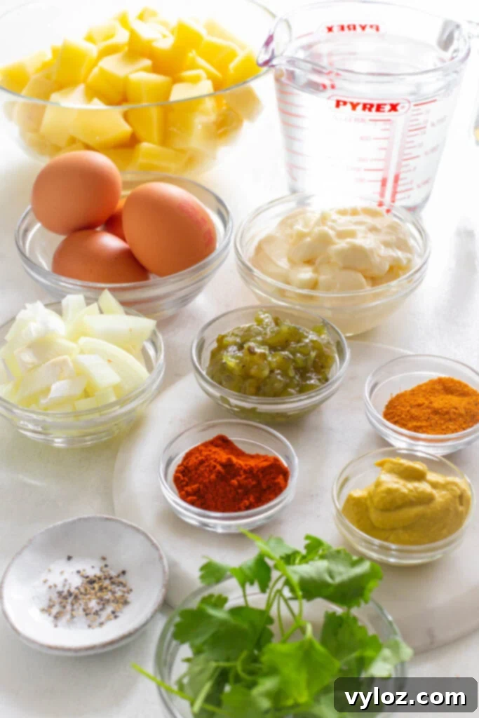 Effortless Instant Pot Potato Salad 3 raw eggs, sliced potatoes, relish, mustard, and mayo in separate bowls