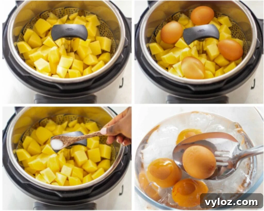 Effortless Instant Pot Potato Salad 4 sliced potatoes in an Instant Pot with eggs in a steamer basket