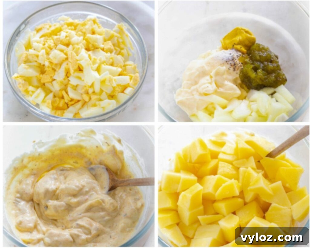 Effortless Instant Pot Potato Salad 5 collage photo of 4 photos showing boiled sliced eggs, mayo, relish in glass bowls