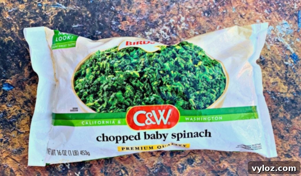 Simple Keto Creamy Garlic Spinach 3 A bag of frozen chopped spinach, an essential ingredient for this quick and easy recipe.