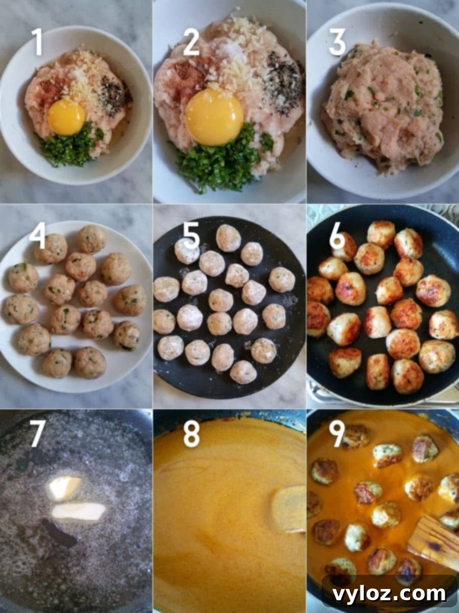 Velvety Indian Butter Chicken Meatballs 4 Images showing making chicken meatballs, preparing the gravy, and cooking the meatballs in gravy.