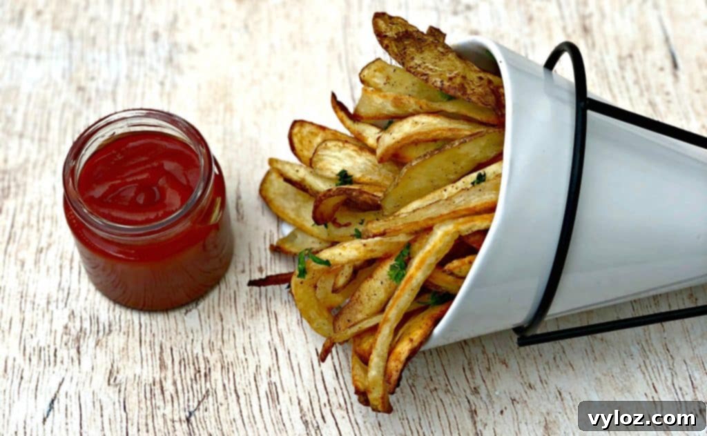 air fryer fries in a white can with ketchup