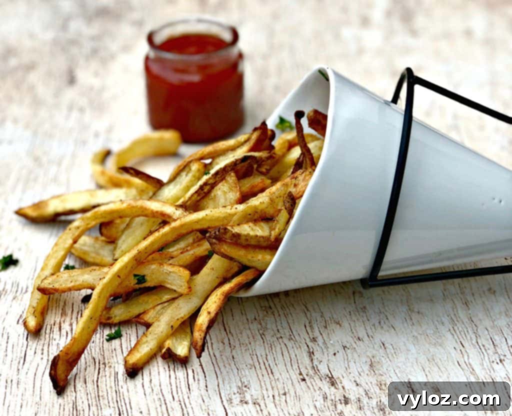 air fryer fries in a white can with ketchup