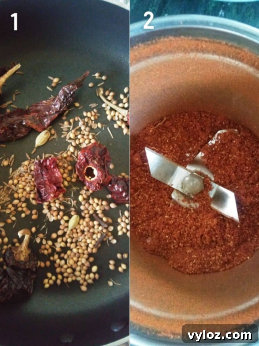 Process of dry roasting and grinding whole spices for the chicken roast