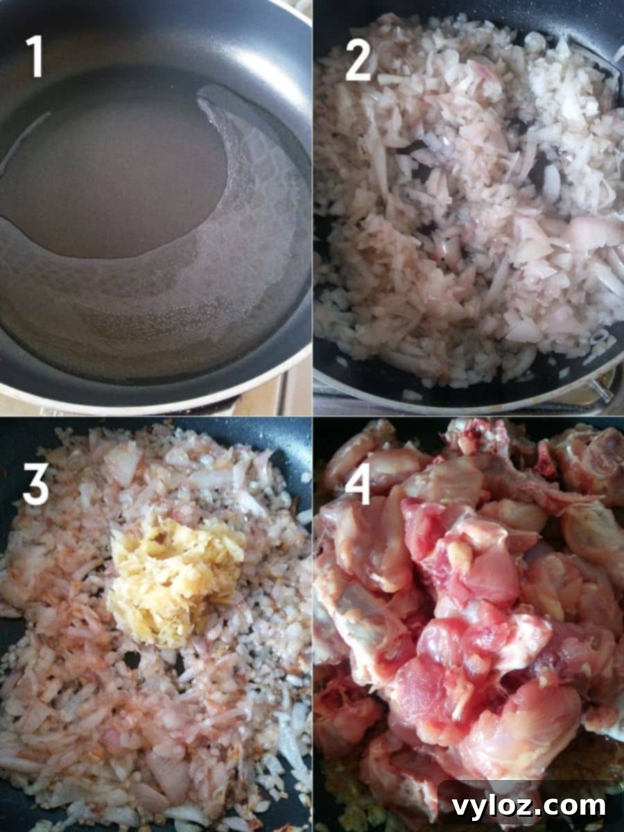 The cooking process of Indian Chicken Roast, with chicken sautéing in spices