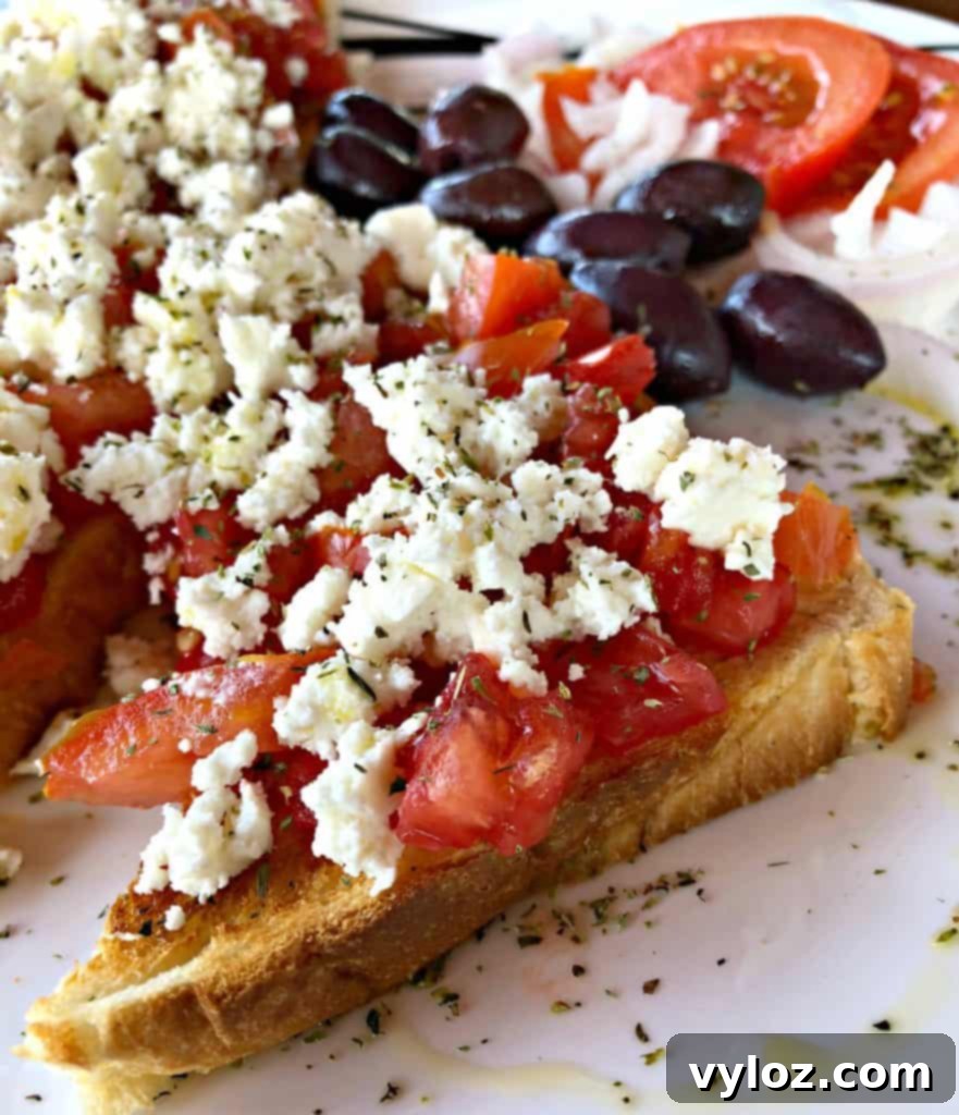 Close-up of Greek bruschetta with cheese and herbs