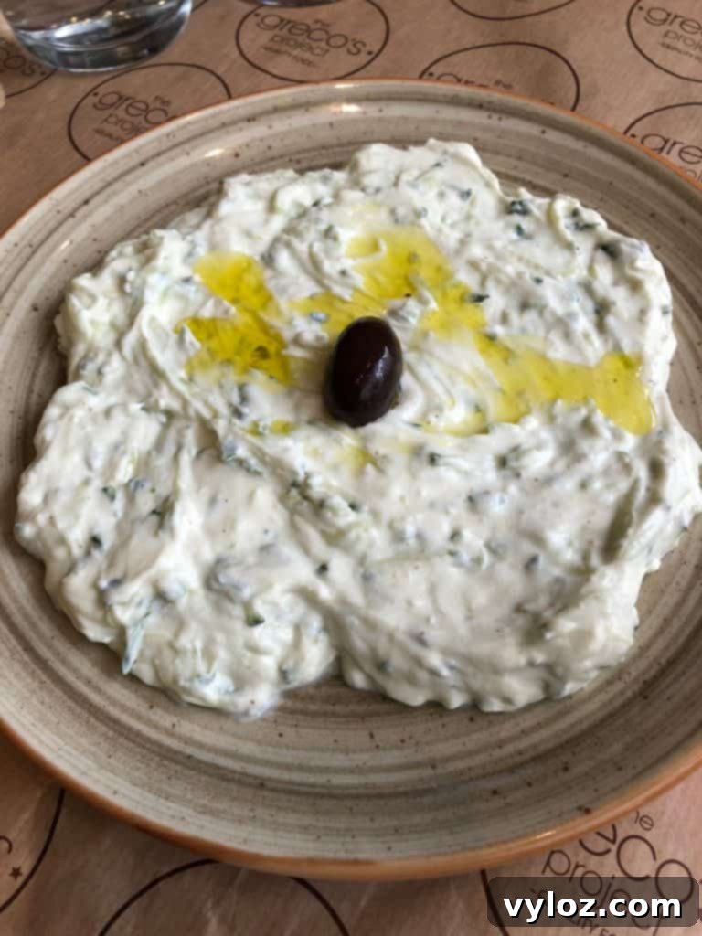Creamy tzatziki sauce with olive oil drizzle