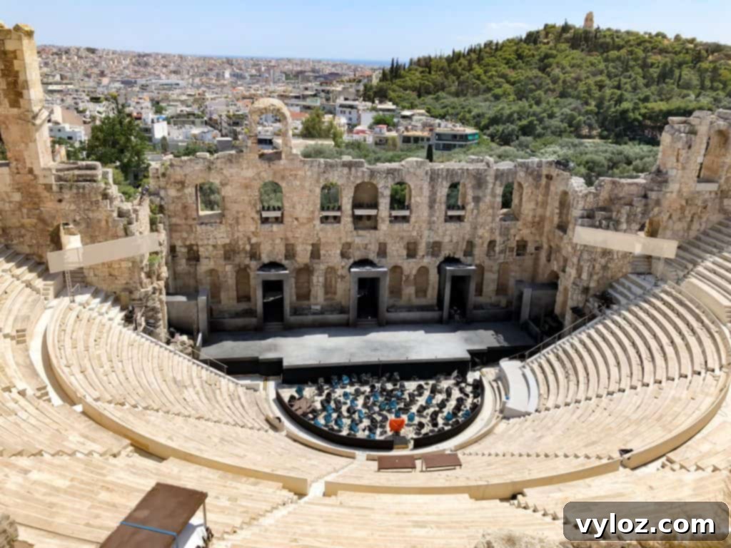 Ancient Theatre of Dionysus with stone seating and ruins