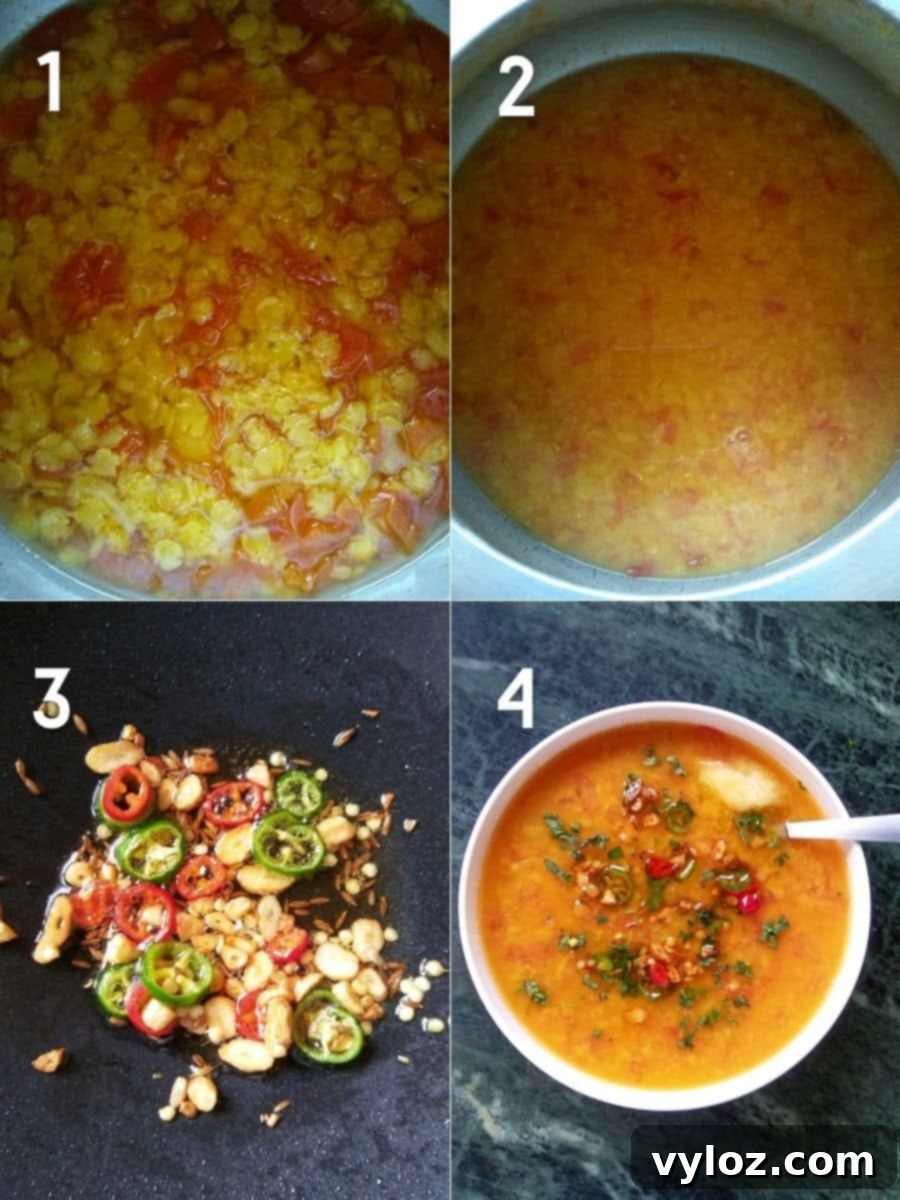 Tempering being poured over cooked arhar dal, creating a flavorful infusion.