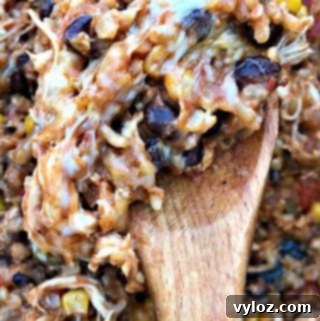 slow cooker southwestern chicken with brown rice with a wooden spoon