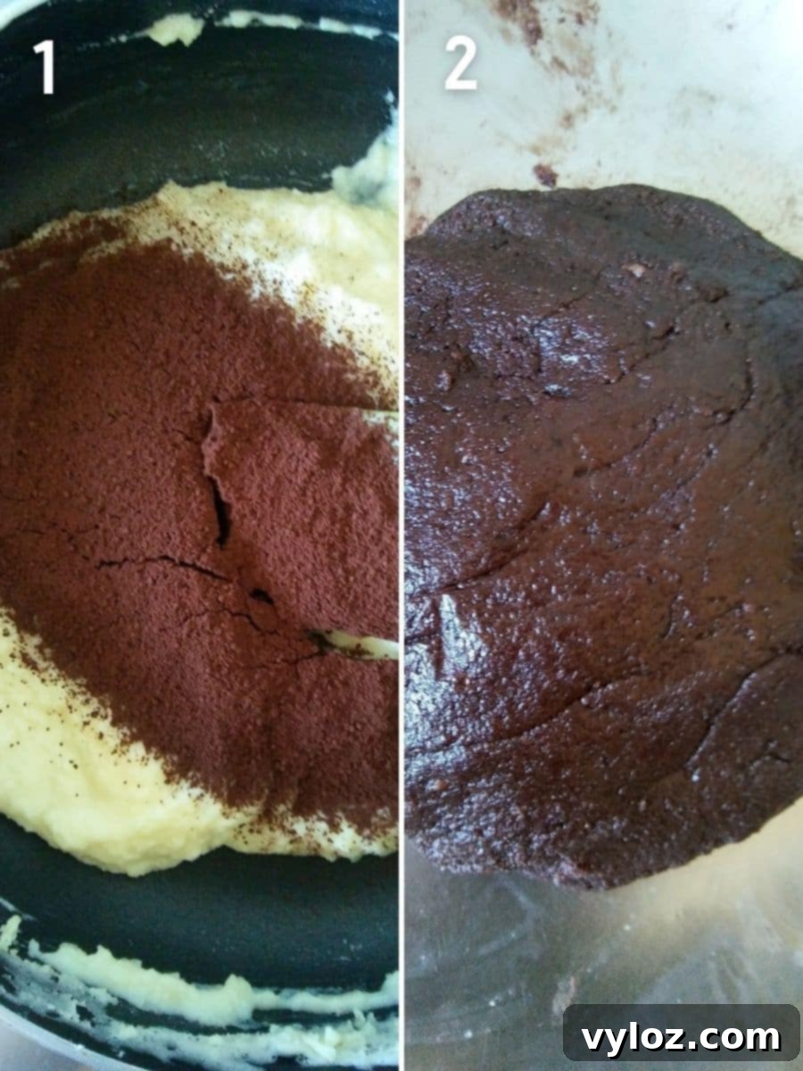 Adding and mixing cocoa powder into the peda base for a rich chocolate flavor