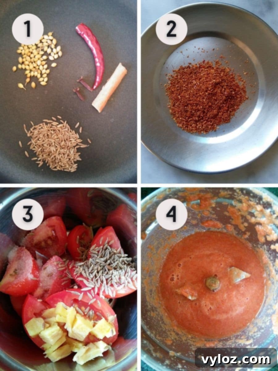 Images showing the process of preparing the coarse ground spice mix and the fresh tomato-ginger paste for Matar Chaat.