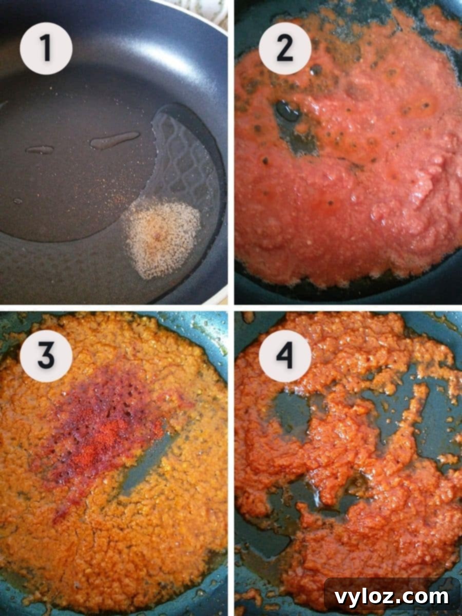 Tomato and ginger paste being sautéed in a pan until the oil separates, creating a rich base for the Matar Chaat gravy.