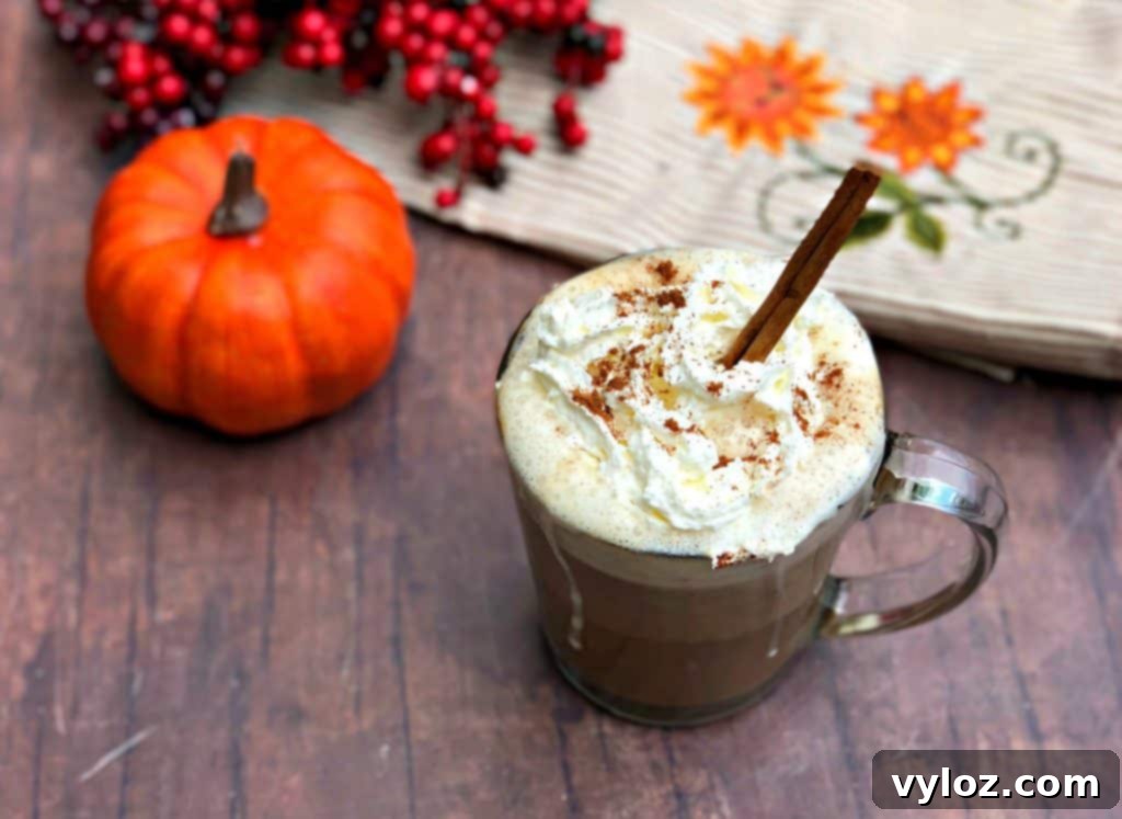 DIY Keto Low-Carb Starbucks Pumpkin Spice Latte Video Recipe 8 A close up of a keto pumpkin spiced latte topped with whipped cream and a cinnamon stick, in a clear mug