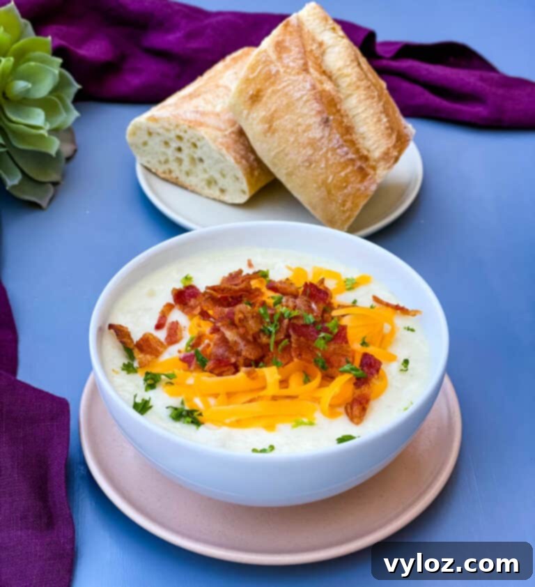 Loaded Instant Pot Baked Potato Soup 2 Instant Pot baked potato soup topped with bacon and cheese, served in rustic bowls
