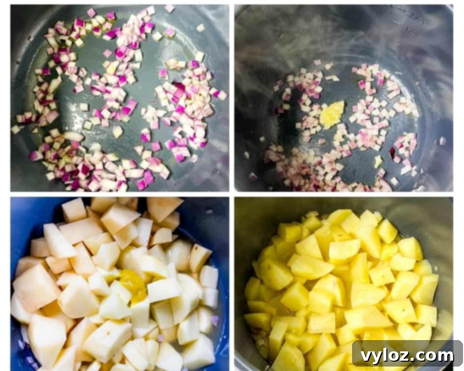 Loaded Instant Pot Baked Potato Soup 5 Collage showing steps to make Instant Pot potato soup, from ingredients to finished dish