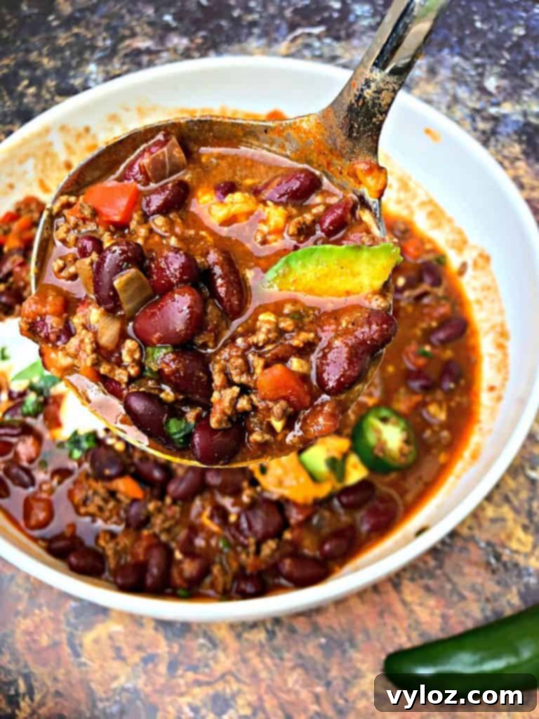 Another view of the Instant Pot beef chili, showing its appealing texture and readiness for serving.