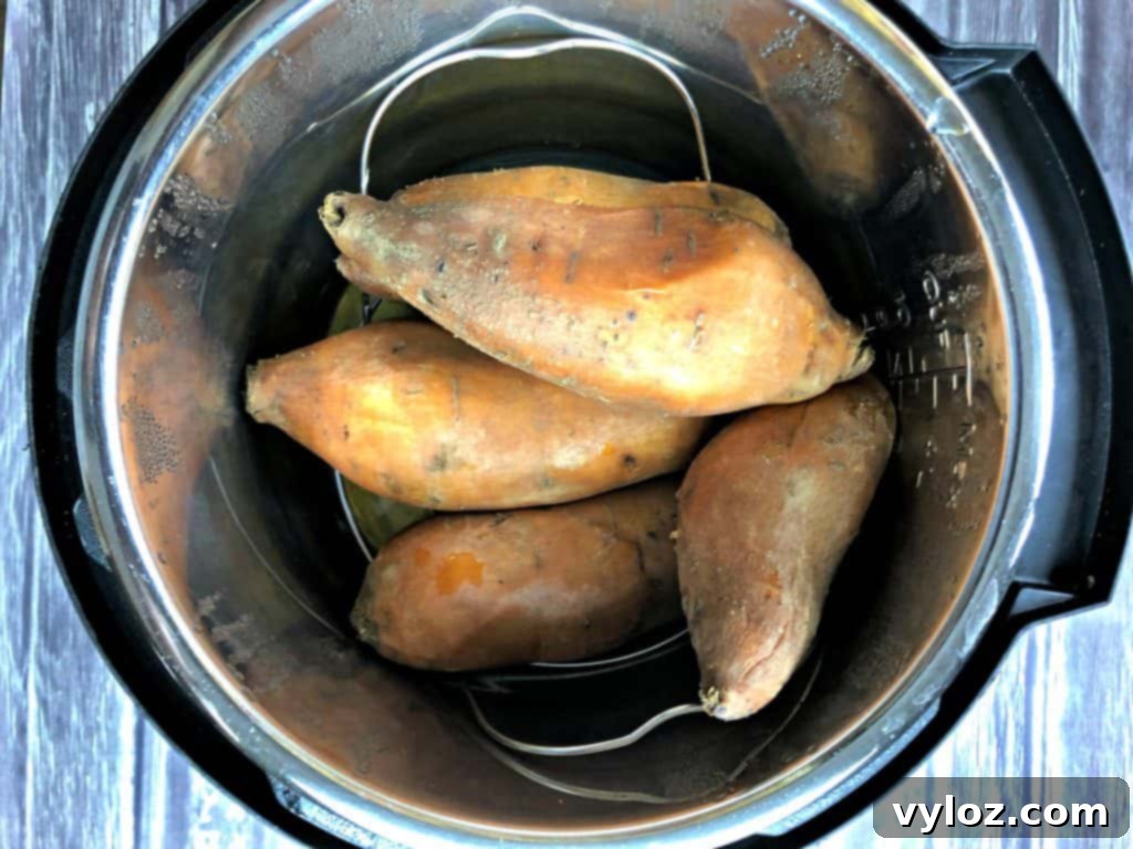 Cooked sweet potatoes ready to serve in an Instant Pot