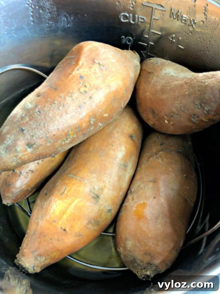 Close-up of perfectly cooked sweet potatoes in an Instant Pot