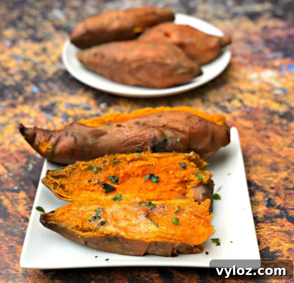 Serving of Instant Pot sweet potato on a white plate