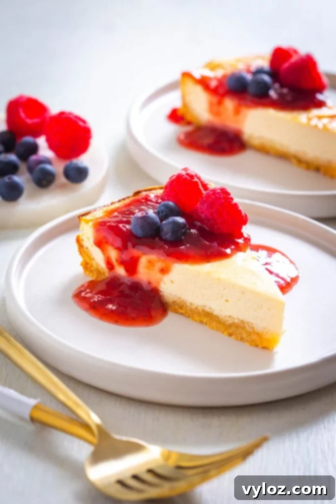 A close-up shot of a sugar-free keto cheesecake, perfectly baked and sliced, ready to be served.