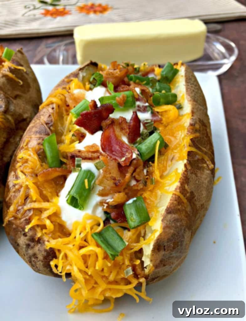 Crispy Air Fryer Baked Potatoes 11 A vibrant air fryer loaded baked potato on a plate, with a knob of butter melting and herbs for garnish.
