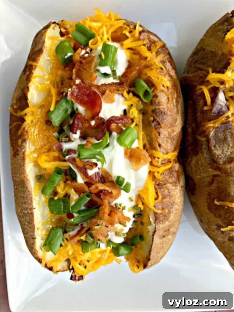 Crispy Air Fryer Baked Potatoes 13 A beautifully presented air fryer loaded baked potato on a white plate, bursting with delicious toppings.