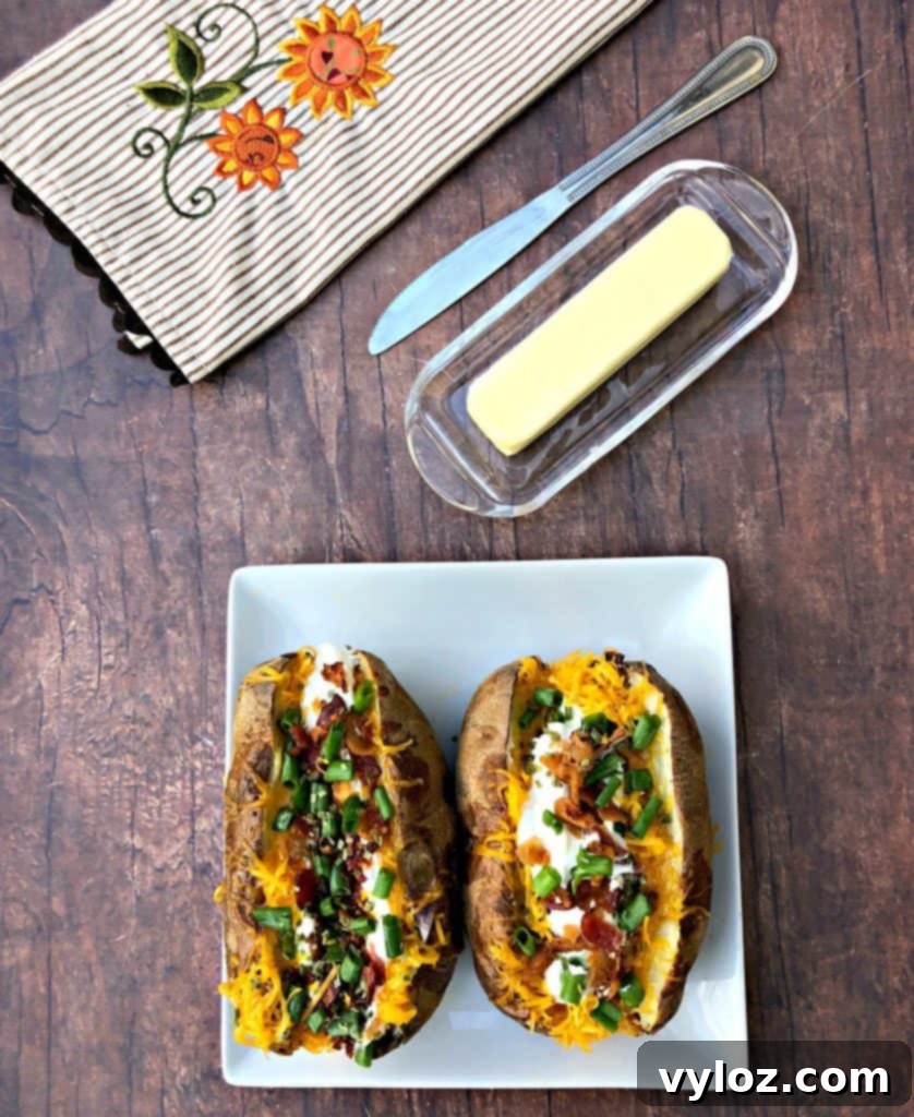 Crispy Air Fryer Baked Potatoes 9 A close-up of a loaded air fryer baked potato on a plate, with a dollop of butter melting into the fluffy interior.