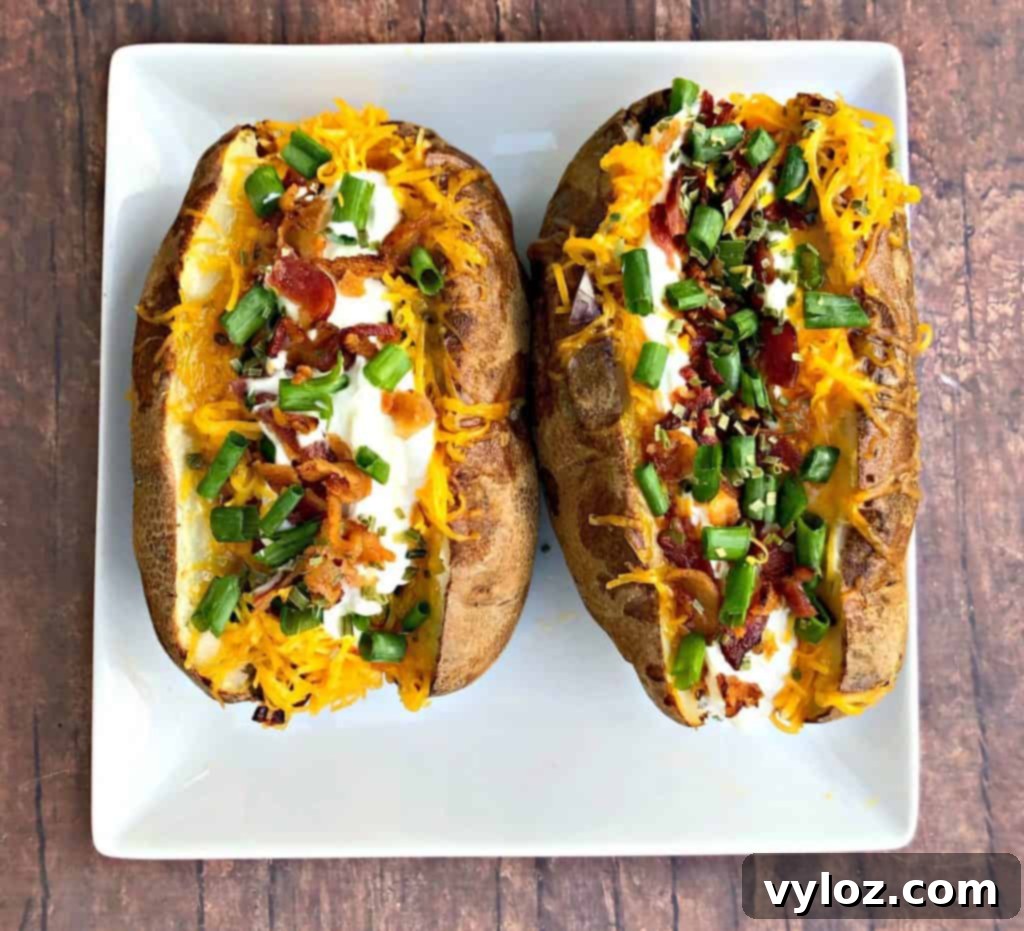 Crispy Air Fryer Baked Potatoes 10 A loaded air fryer baked potato on a plate, featuring a generous portion of toppings.